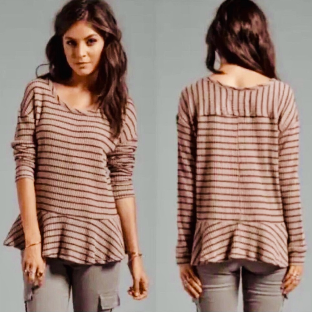 We The Free Brown and Cream Peplum Blouse